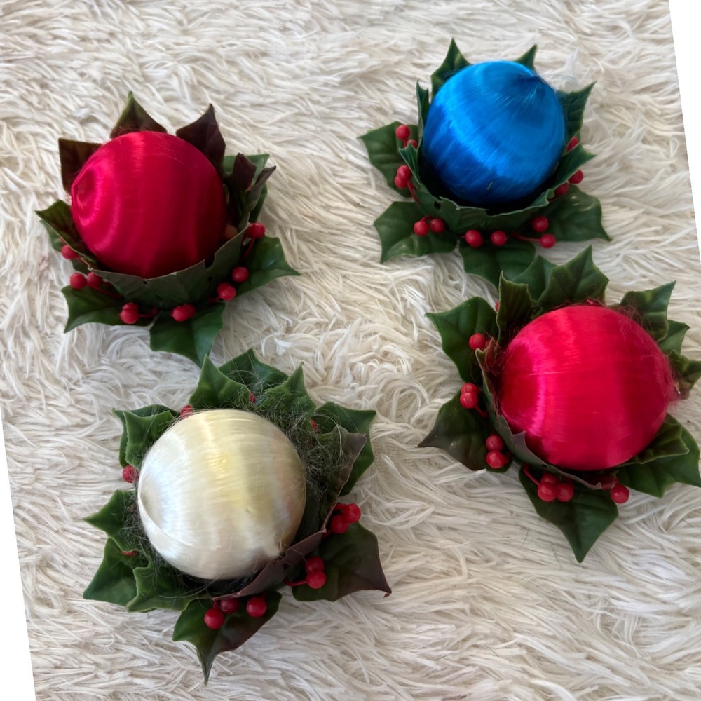 Vintage Christmas Satin Ball Ornaments Holly Berry‎ Decoration Red Blue Ivory